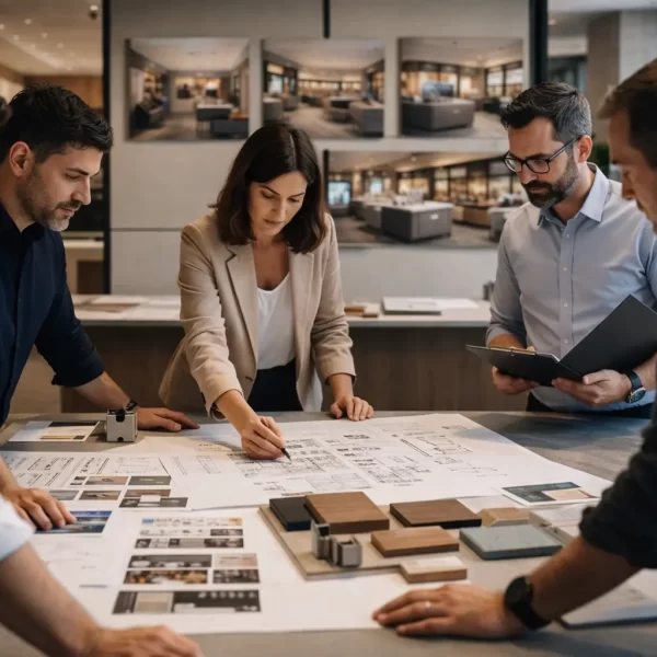 Design professionals collaborate around a table reviewing retail floor plans, material samples, and concept layouts during a commercial interior design planning workshop.
