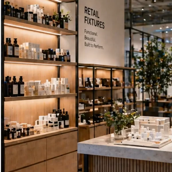 Premium skincare retail display featuring custom timber shelving, illuminated product displays, and bespoke retail fixtures designed to showcase beauty products in a modern retail environment.