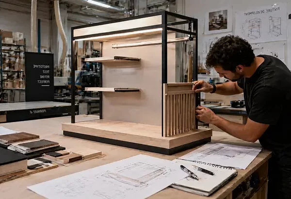 Designer assembling a prototype custom retail display fixture in a workshop, with technical drawings, material samples, and joinery components laid out on a workbench.