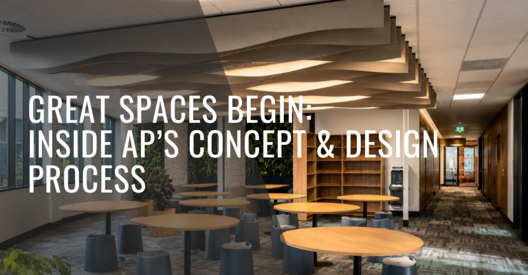 Promotional graphic featuring a modern workplace breakout space with collaborative seating and the text "Great Spaces Begin: Inside AP's Concept & Design Process," highlighting Associated Projects' commercial design expertise.