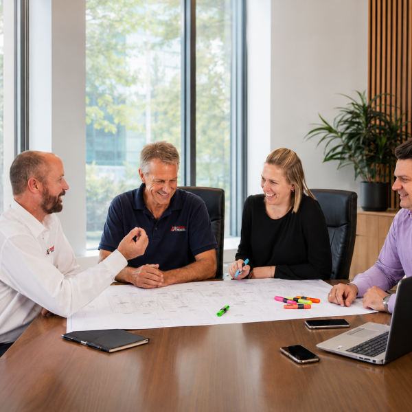Associated Projects team collaborating around a boardroom table, reviewing project plans and discussing commercial construction and fit-out solutions during a planning meeting.