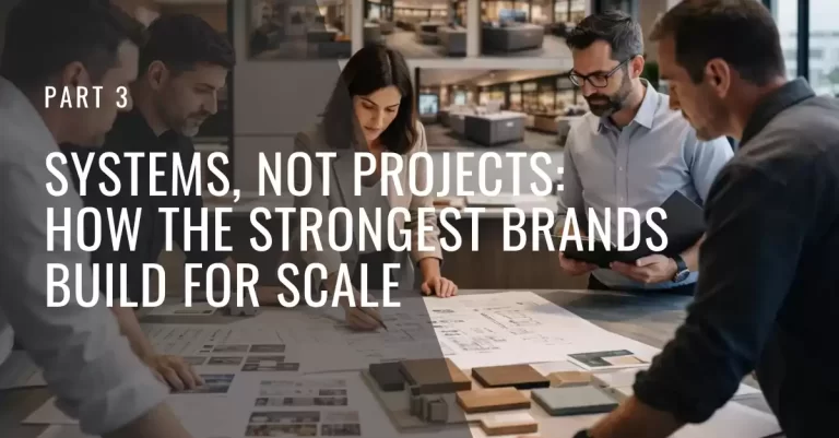 Promotional graphic featuring a commercial design team reviewing plans and material samples with the text "Systems, Not Projects: How the Strongest Brands Build for Scale," highlighting scalable retail design strategies.