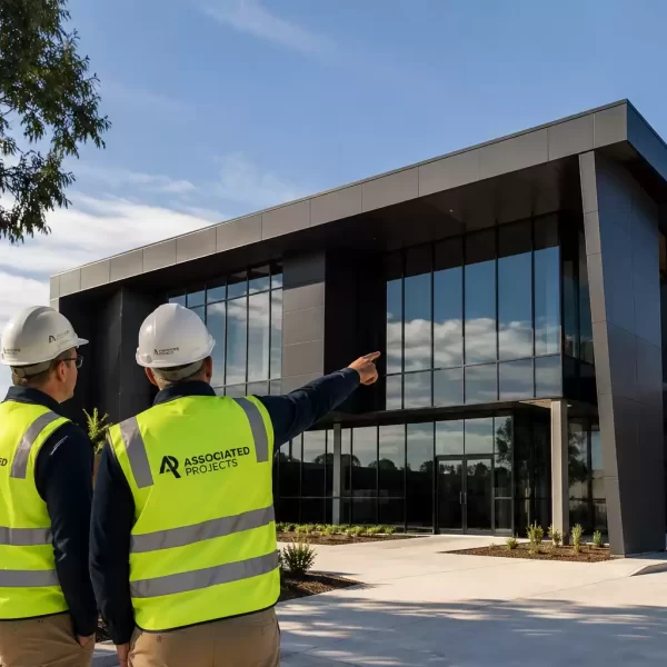 Associated Projects site managers inspecting a modern commercial building, reviewing construction progress during an on-site project management visit.