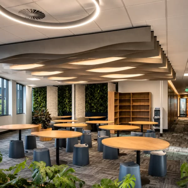 Modern office collaboration hub featuring timber tables, integrated planter boxes, biophilic design elements, feature ceiling panels, and flexible breakout seating in a contemporary workplace.