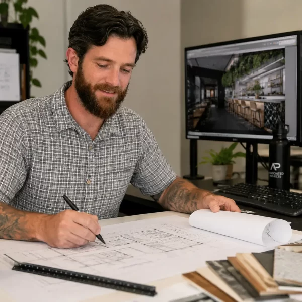 Commercial interior designer reviewing architectural drawings and material samples at a workstation, with 3D visualisations and floor plans displayed on dual monitors.