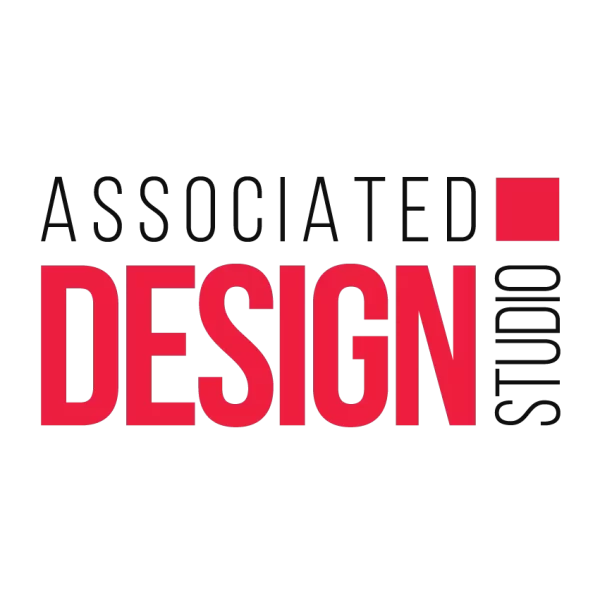 Associated Design Studio logo featuring bold red and black typography with a red square graphic on a transparent background.