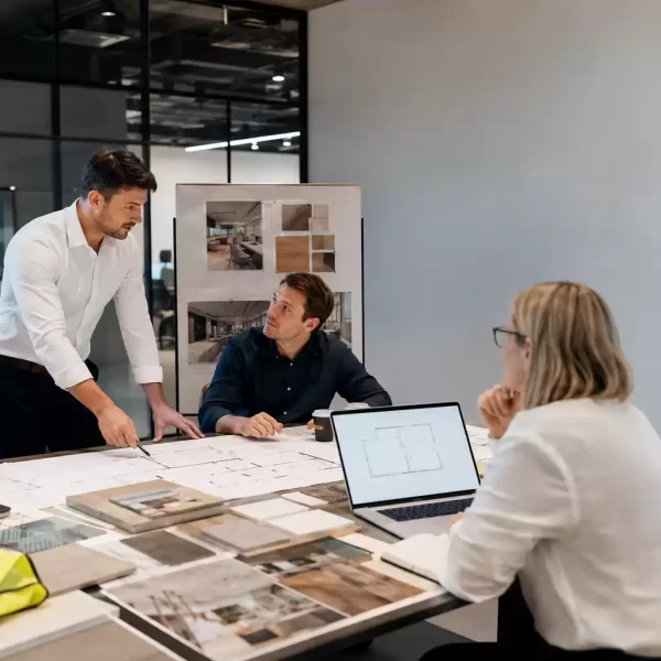 Commercial interior design team reviewing architectural plans, material samples, and floor layouts during a collaborative project planning meeting in a modern design studio.