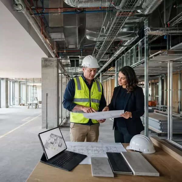 Construction manager and commercial interior designer reviewing architectural plans inside a commercial fit-out under construction, with exposed services, framing, and material samples.