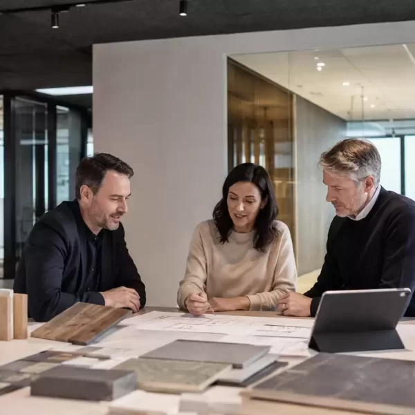 Three design professionals collaborating over architectural drawings, material samples, and a tablet during a commercial interior fit-out planning meeting.