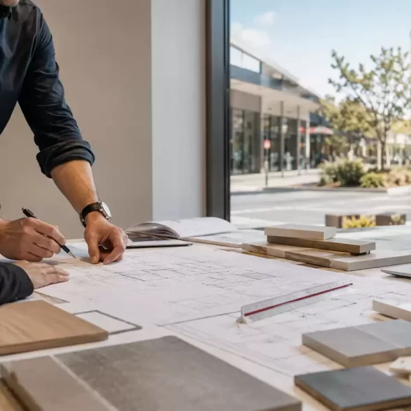 Design professionals reviewing architectural plans, material samples, and layout drawings during a commercial fit-out planning meeting in a modern office.