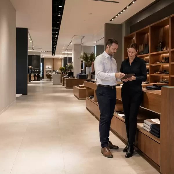 Retail professionals reviewing plans on a tablet inside a luxury retail store featuring custom timber shelving, premium displays, and a modern commercial fit-out.