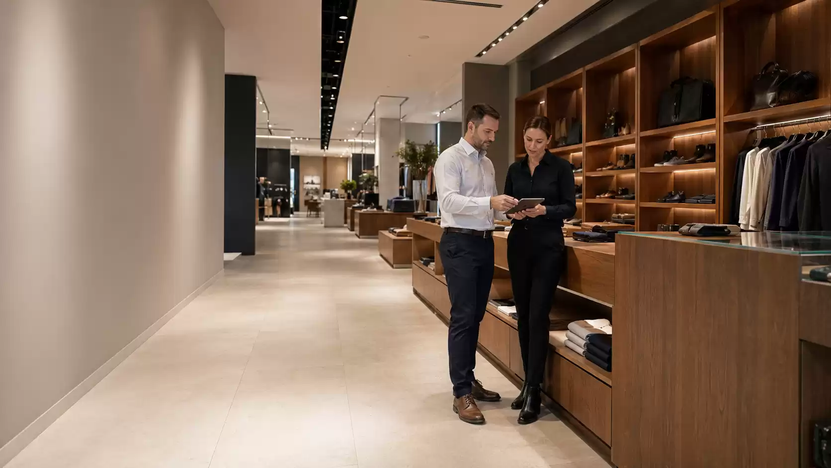 Retail professionals reviewing plans on a tablet inside a luxury retail store featuring custom timber shelving, premium displays, and a modern commercial fit-out.