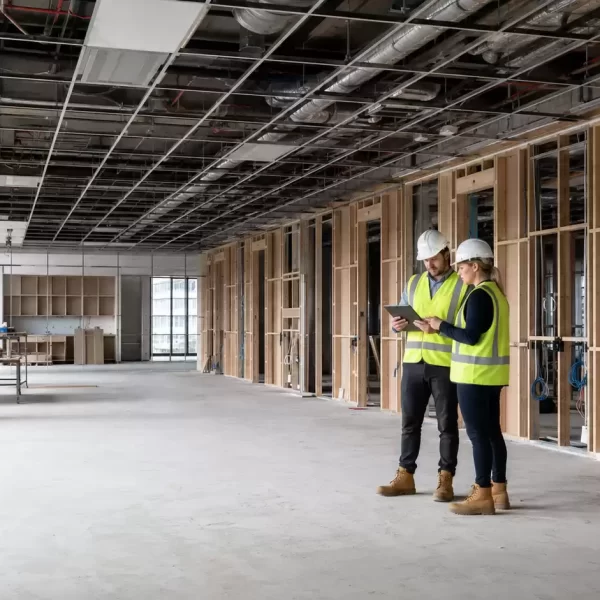 Construction professionals reviewing building plans inside a commercial interior fit-out with timber framing, exposed ceiling services, and large floor-to-ceiling windows.