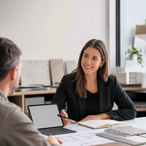 Commercial interior designer meeting with a client to discuss architectural plans, material samples, and fit-out concepts in a modern design studio.