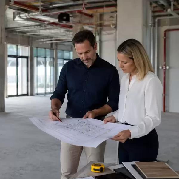 Commercial interior designers reviewing architectural plans on-site inside a commercial space under construction, discussing layout and fit-out progress.