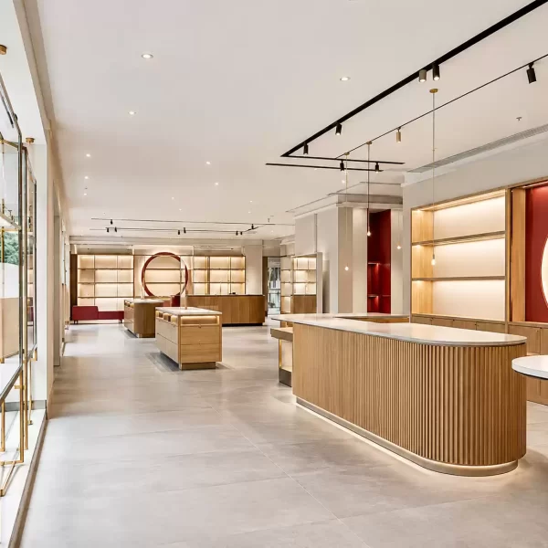 Bright, contemporary retail interior featuring curved timber counters, illuminated display shelving and minimalist track lighting.