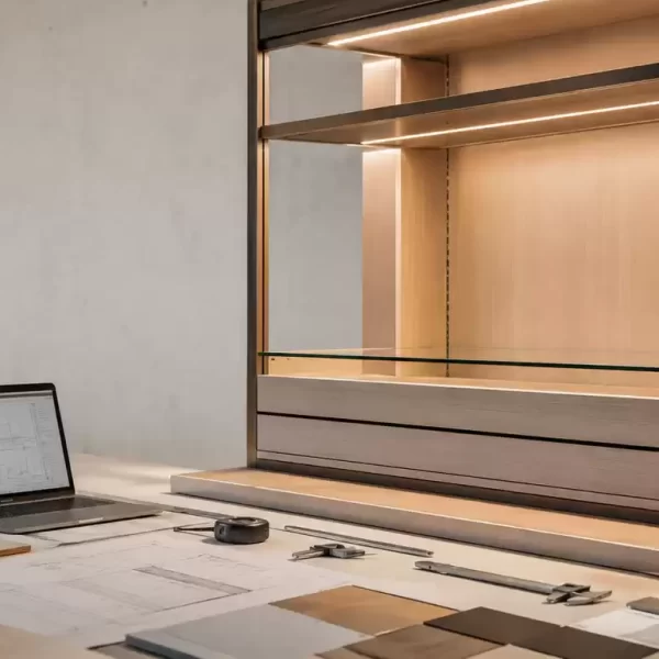 Design workspace with material samples, technical drawings and a laptop arranged beside an illuminated custom retail display unit.