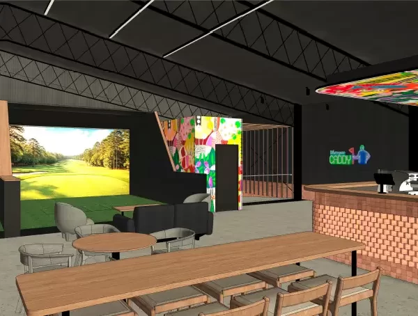 Modern indoor golf simulator venue featuring virtual golf bays, a contemporary bar, communal seating, and colourful feature walls in a 3D commercial interior design render.
