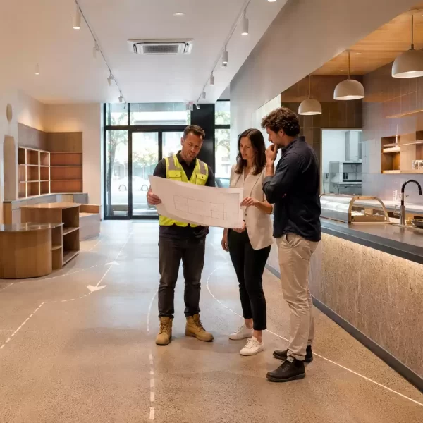 Construction manager and commercial interior designers reviewing architectural plans during a site inspection inside a modern hospitality fit-out under construction.