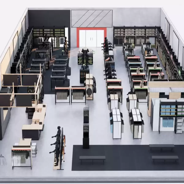 3D floor plan rendering of a modern retail store featuring custom shelving, display fixtures, service counters, fitting rooms, and open customer walkways.