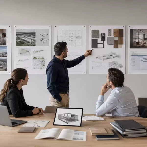 Commercial design team reviewing architectural drawings, material samples, and project plans during a collaborative design presentation in a modern office.