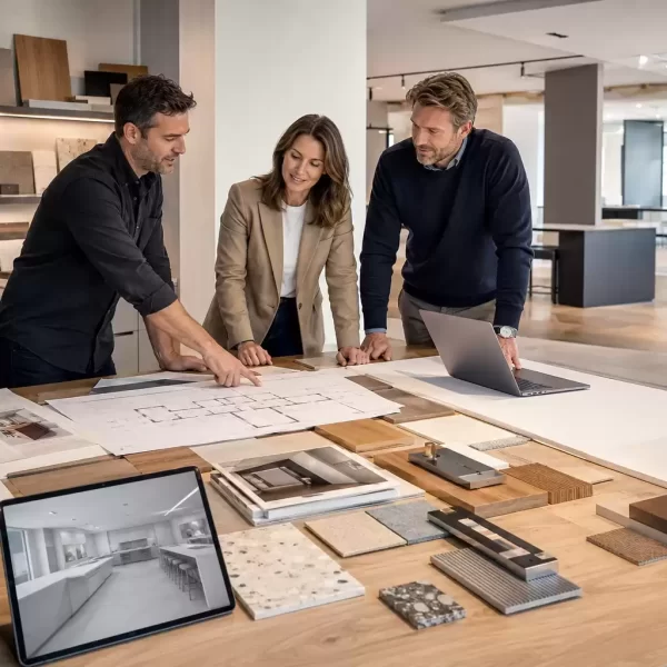 Commercial interior designers reviewing architectural floor plans, material samples, and design concepts in a modern showroom during a collaborative fit-out planning session.