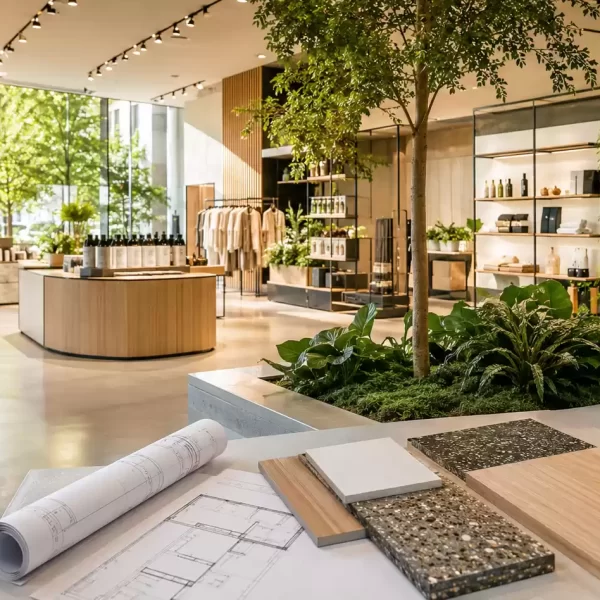 Modern retail interior with timber displays, abundant greenery and a central indoor tree, with architectural plans and material samples in the foreground.