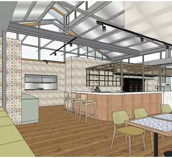 3D interior design render of a modern restaurant featuring a central bar, patterned feature walls, timber flooring, booth seating, and contemporary dining tables.